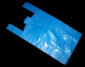 blue vest-shape plastic carrier bag